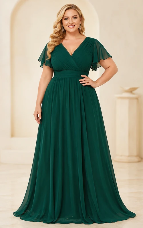 Dunkelgrünes Plus-Size-Abendkleid in A-Linie mit V-Ausschnitt, flatternden Ärmeln