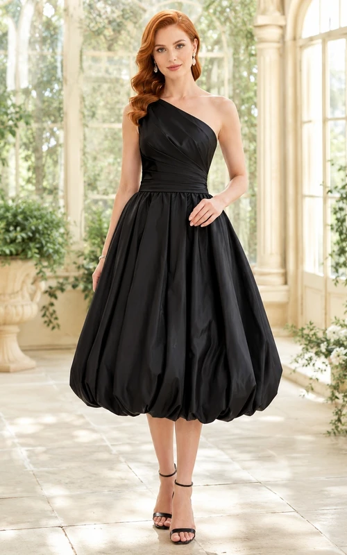 Black One-Shoulder Draped Taffeta Bubble-Hem A-Line Knee-Length Cocktail Dress