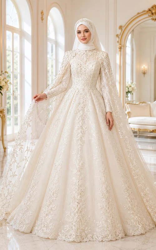 Modest Muslim Embroidered Cape Palace Bridal Ball Gown