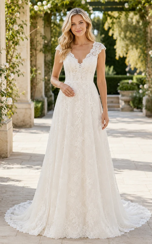 Robe de mariée en dentelle et tulle, coupe trapèze, col en V, manches courtes, traîne chapelle