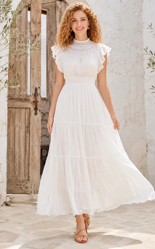 White High Neck Ruffle Sleeve Tiered Chiffon Tea-Length Dress