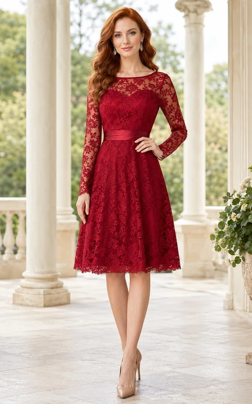 Burgunderfarbenes, formelles Kleid aus Spitze mit V-Ausschnitt, langen Ärmeln, A-Linie und Teelänge