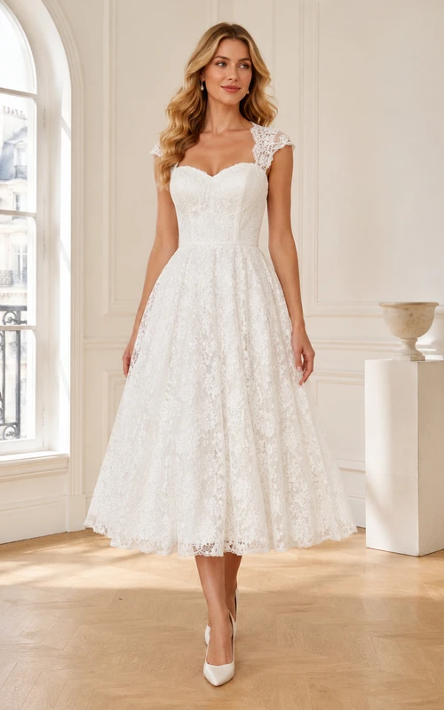 Robe de mariée vintage à encolure cœur, manches courtes, dentelle illusion, coupe trapèze, longueur thé, style romantique de cour