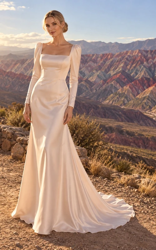 Vestido de novia de satén color rosa empolvado con escote cuadrado y corte sirena, manga larga y corpiño ajustado liso.