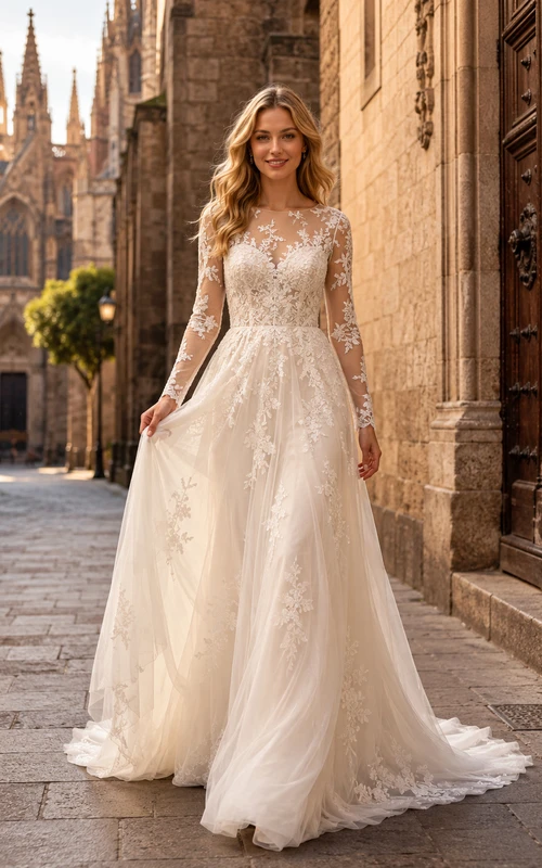 Robe de mariée modeste en dentelle illusion bateau, manches longues, coupe trapèze, traîne chapelle, style bateau