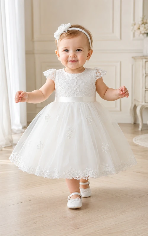 Luxury Tulle Baby Christening A-Line Cap Sleeve Lace Dress