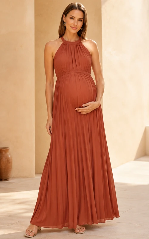 Robe de soirée longue en mousseline de soie vermillon, col montant dos nu, coupe empire