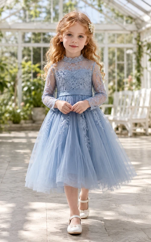 Robe de demoiselle d'honneur élégante bleu ardoise, longueur thé, coupe trapèze, en tulle et dentelle, col montant et manches longues
