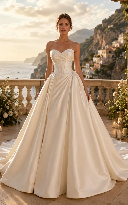 Robe de bal princesse bustier en satin à décolleté cœur et dos nu plongeant, idéale pour un mariage à destination