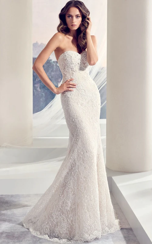 Sweetheart Long Beaded Lace Mermaid Wedding Dress With Sweep Train