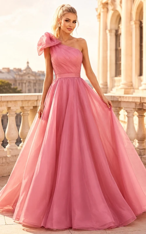 Rose Pink Satin Short Sleeve A-Line Evening Gown