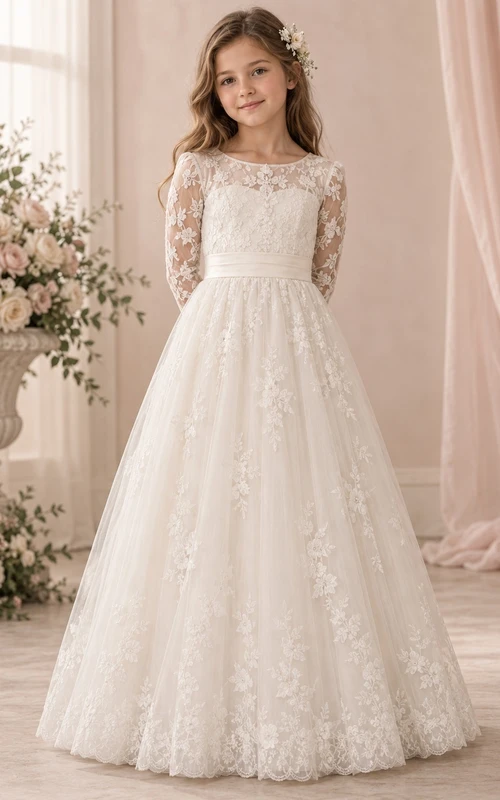 Long Sleeve Ivory Floral Jewel Illusion Floor-length A-Line Lace Scalloped Hem Sash Button Flowergirl Dress