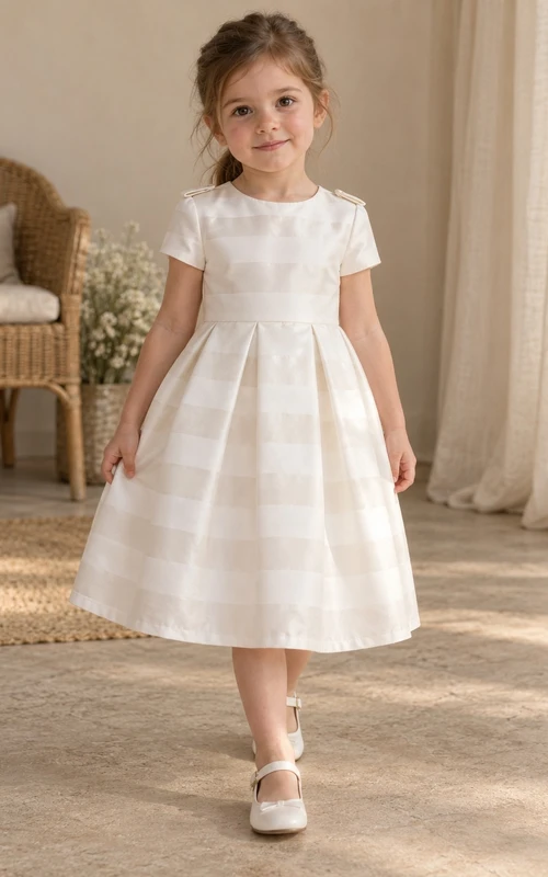 Simple Modest White Striped Knee Length Short Sleeve Broad Shoulder Tab Flower Girl Dress