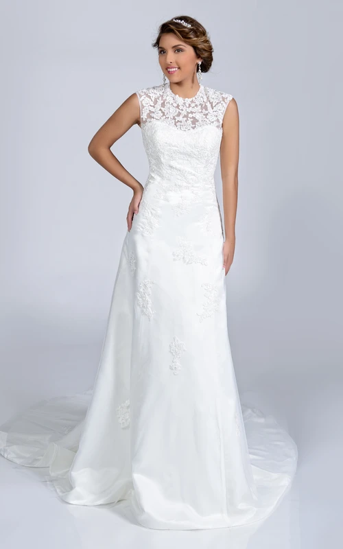 Ärmelloses A-Linien-Brautkleid aus Spitze mit Rundhalsausschnitt und Illusionsrücken