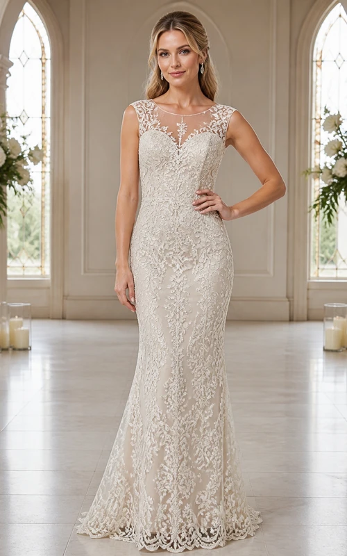 Vestido de novia modesto de encaje floral sin mangas con escote ilusión estilo sirena