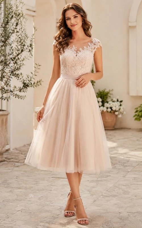 Romantic Civil Tea-Length Tulle A-Line Illusion V-Neck Wedding Dress