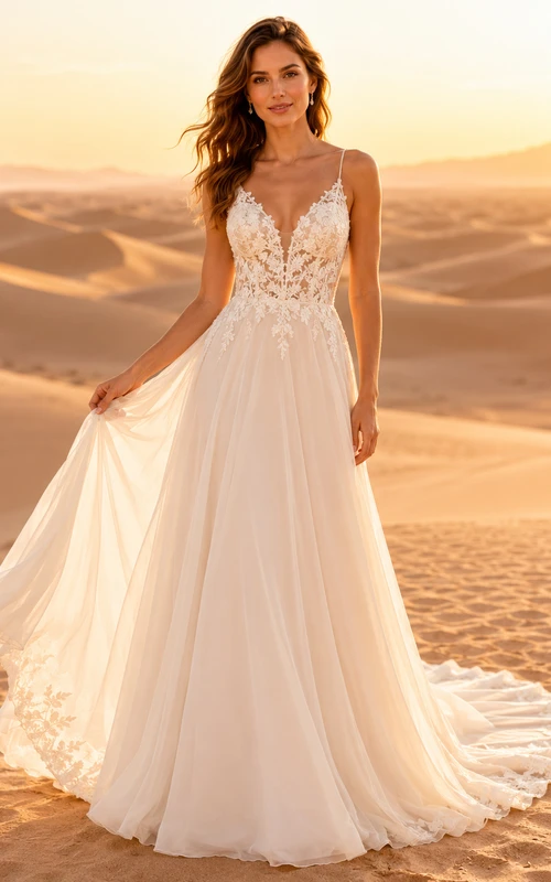 Robe de mariée en tulle et dentelle de plage, coupe trapèze, col en V, sans manches, traîne courte