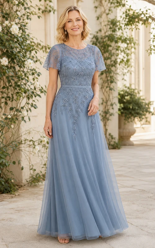 Stahlblaues A-Linien-Kleid aus Tüll mit Spitzenoberteil und Volantärmeln