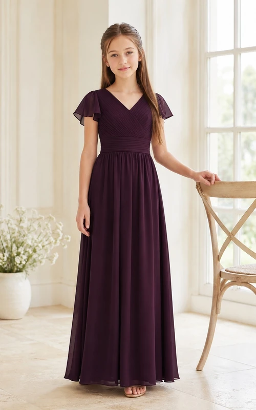 Elegantes Brautjungfernkleid in Pflaumenfarbe, A-Linie, V-Ausschnitt, kurze Ärmel, aus blütenförmigem Chiffon