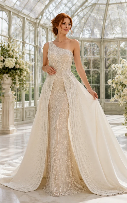 Robe de mariée trapèze en dentelle et satin, bustier cœur, jupe drapée et traîne chapelle
