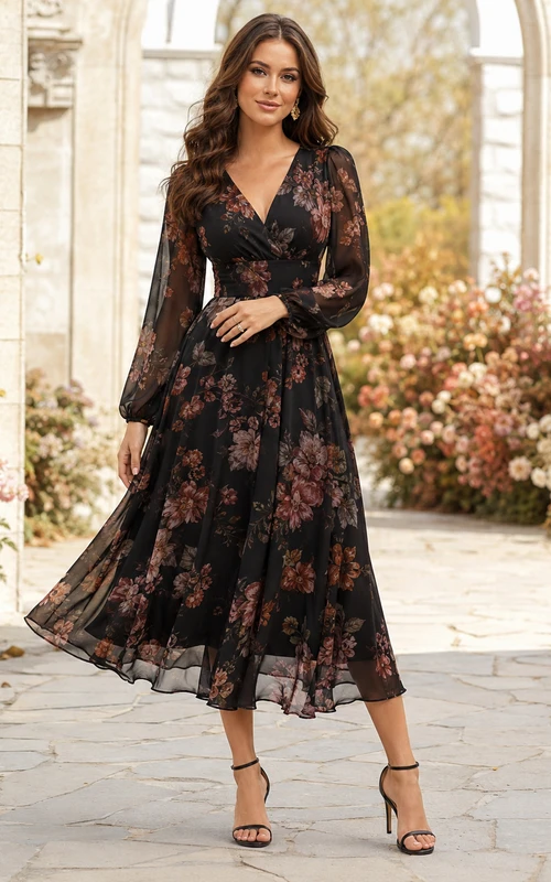 Robe midi trapèze en mousseline à manches longues et col en V, imprimé floral foncé