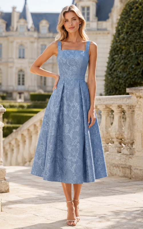 Steel Blue Square Strap Floral Jacquard A Line Tea Chateau Guest Dress