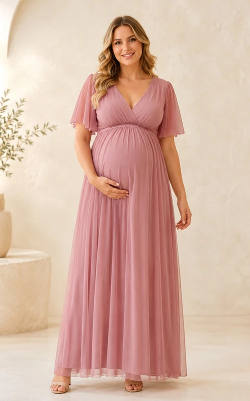 Vestido de maternidad largo hasta el suelo, color rosa empolvado, con escote en V, manga corta, pliegues de pétalos de gasa, corte imperio y silueta en A.