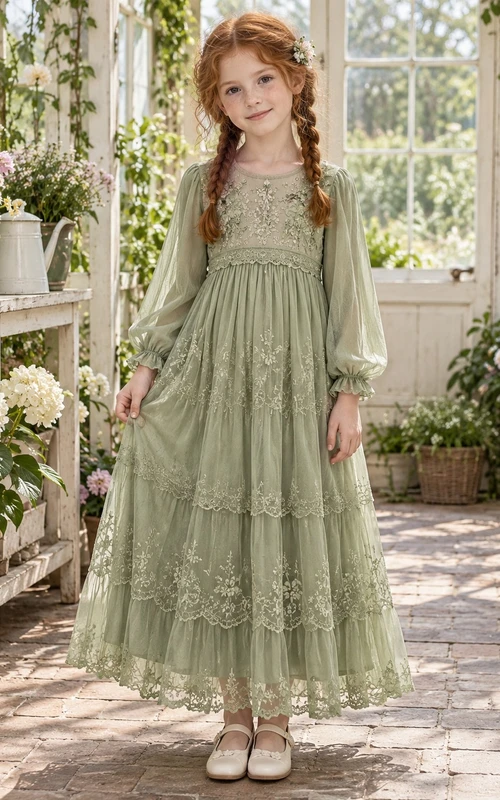Boho-Kleid für Blumenmädchen mit langen Ärmeln, salbeifarbenem Rundhalsausschnitt und Stufenspitze, aus Spitze, mit Rundhalsausschnitt und Stufenmuster