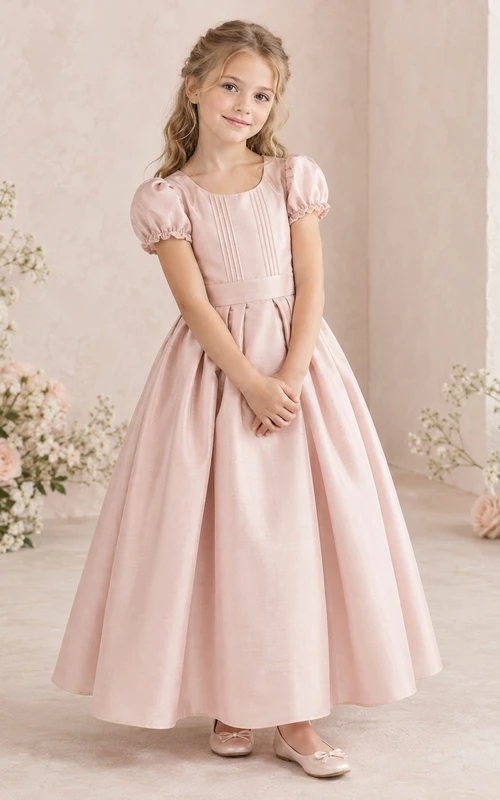 Simple Pearl-pink Ankle-length Scoop Puff-sleeve Ruffled-cuff Pintucked-bodice Banded Pleated Zipper-back Flower Girl Dress