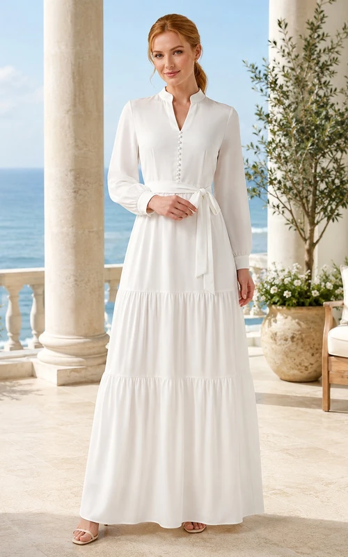 White Notched-Neck Long-Sleeve Chiffon A-Line Floor-length Tiered Modest Guest Dress
