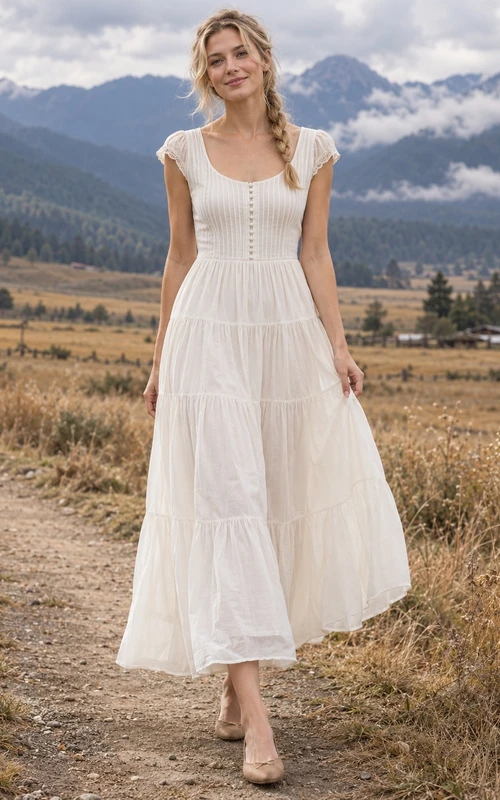 Schlichtes, knöchellanges A-Linien-Brautkleid mit V-Ausschnitt, kurzen Ärmeln und Stufenrock