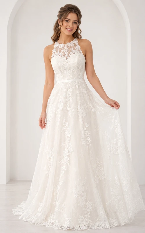 Petite High Neck Neckholder A-Linien Brautkleid aus Spitze