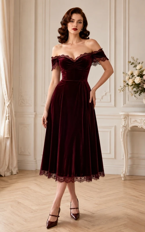 Vestido vintage de terciopelo burdeos, manga corta, escote Bardot y largo hasta la rodilla.