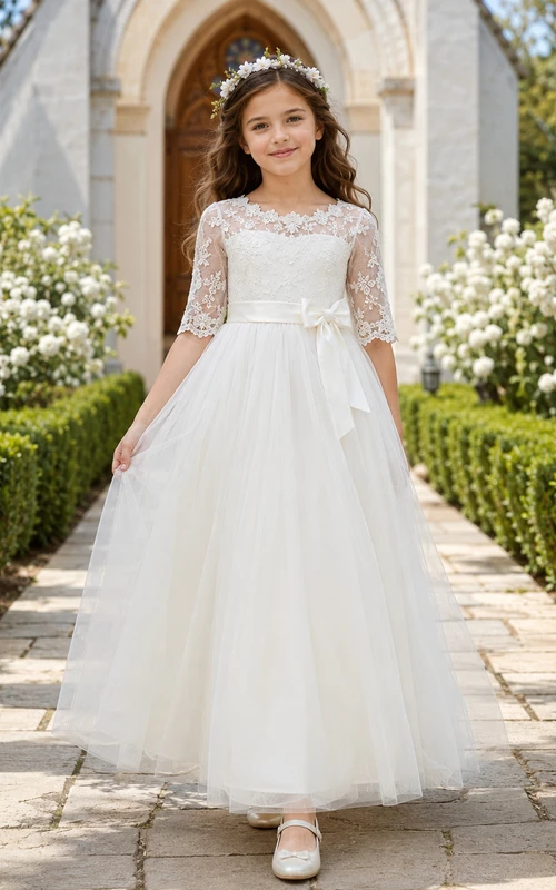 Weißes Kommunionsballkleid mit herzförmigem Ausschnitt und Illusionsausschnitt, Ellbogenspitze