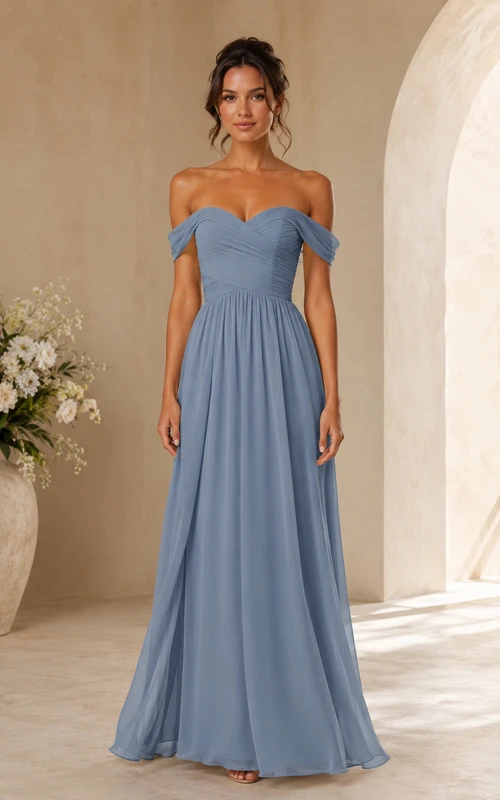 Steel Blue Off-the-Shoulder A-Line Chiffon Bridesmaid Dress