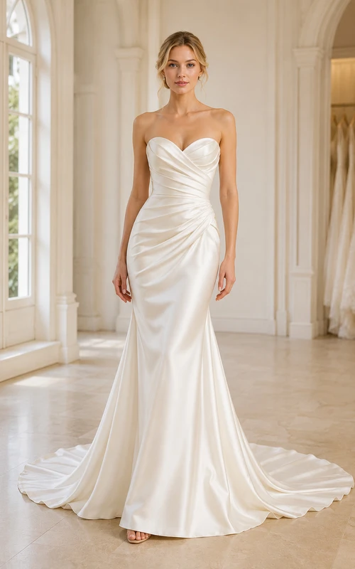 Vestido de novia de satén estilo sirena, sin tirantes, con escote corazón y cola larga.