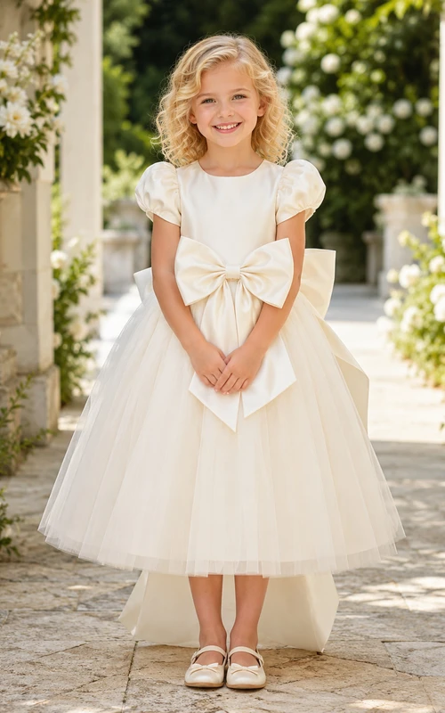 Klassisches A-Linien-Kleid aus Tüll für Blumenmädchen mit Rundhalsausschnitt, wadenlangem Rock und Schleifendetail