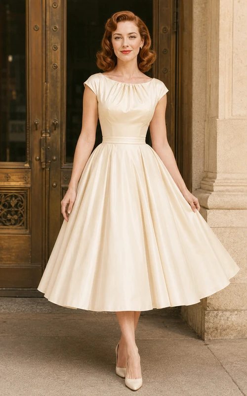 Vestido de novia de corte A estilo barco de los años 50, estilo juzgado vintage.
