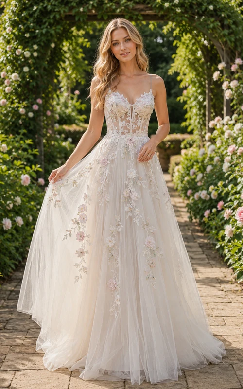Floral Applique Tulle Botanical Bridal A Line Gown