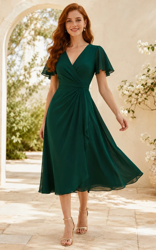 Dark Green Chiffon V-neck Flutter Sleeve Guest Dress