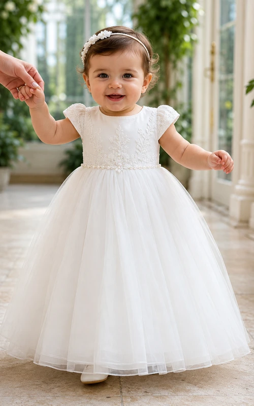Cap Sleeve Christening Gown A-Line Tulle Lace Jewel Neck Floor-Length