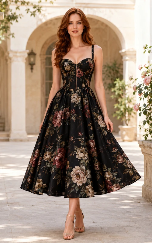 Black Floral Corset Bodice Tea Length Cocktail Dress