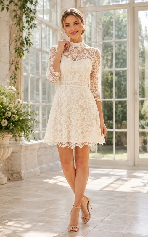 Lace V-Neck Three Quarter Sleeve Vintage Wedding Dress