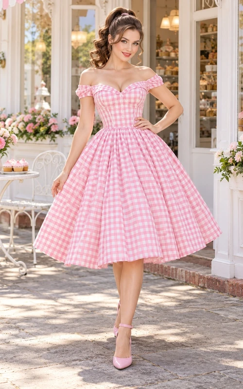 Robe de cocktail vintage rose bonbon à carreaux vichy, épaules dénudées et plissée