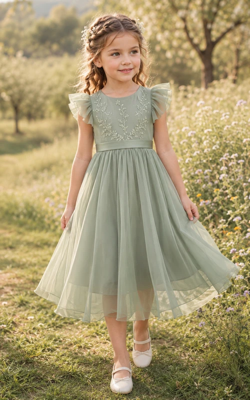 Sage Flower Girl Dress Bohemian Tea-Length A-Line Ruffle Sleeve Embroidered Tulle Satin Waist