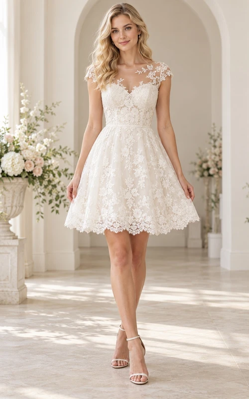 Short Cap Sleeve Illusion Neck Scalloped Lace A-line Wedding Dress
