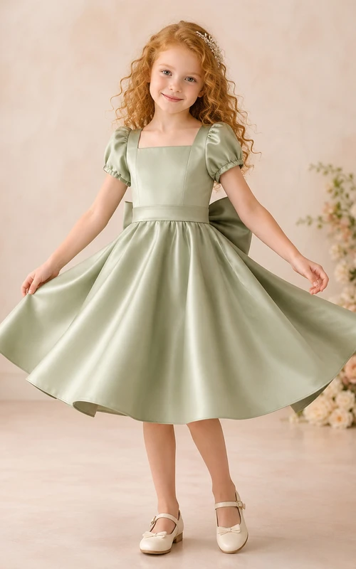 Robe moderne mi-longue trapèze pour demoiselle d'honneur, en satin sauge, manches bouffantes, nœud au dos et col carré, style champêtre.