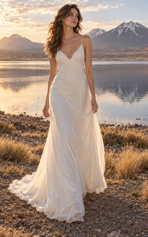 Vestido de novia de gasa con escote en V, cintura drapeada y tirantes finos.