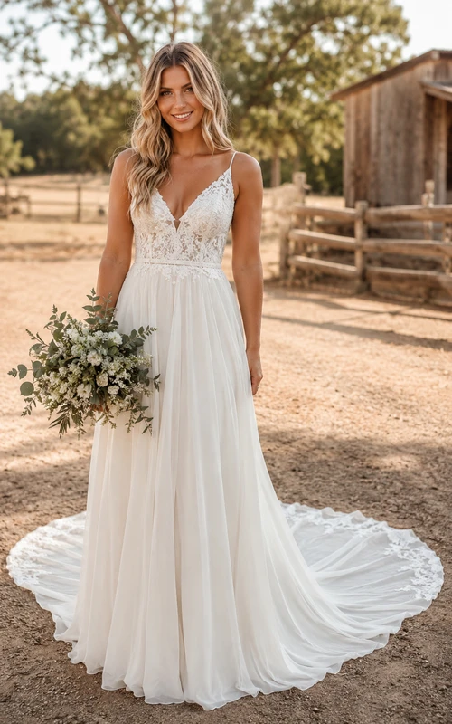 Country V-neck Chiffon A-line Wedding Dress with Lace