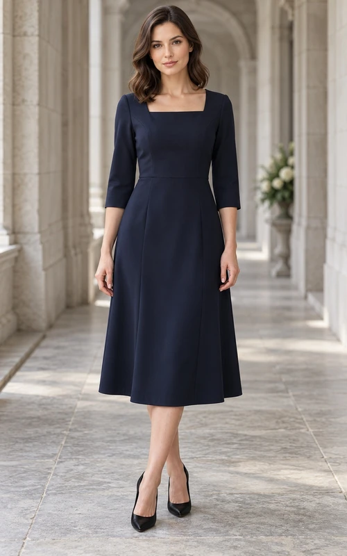 Robe midi trapèze bleu marine foncé, col carré et manches courtes.